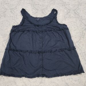 GAP women's tunic top L blue sleeveless round neck with ruffled lines.